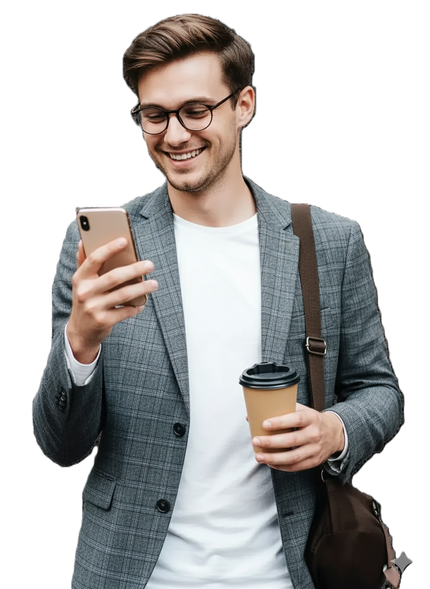 A young man using his mobile to sign up with Tradex - a global online trading broker
